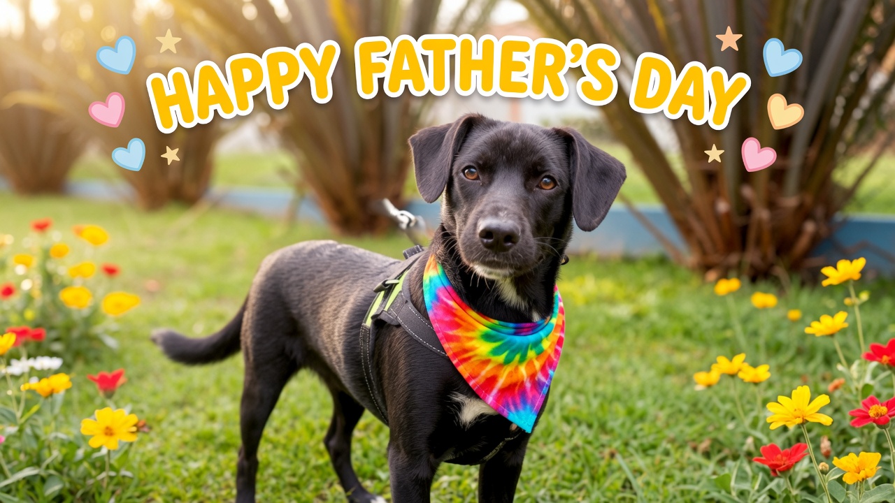 Cachorro preto com bandana colorida e mensagem Happy Father's Day