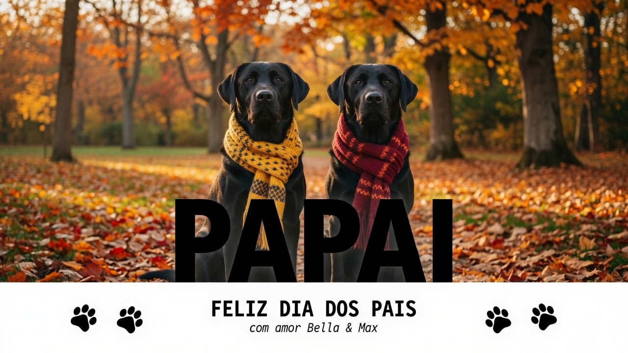 Dois labradores pretos de cachecol no outono com tipografia PAPAI