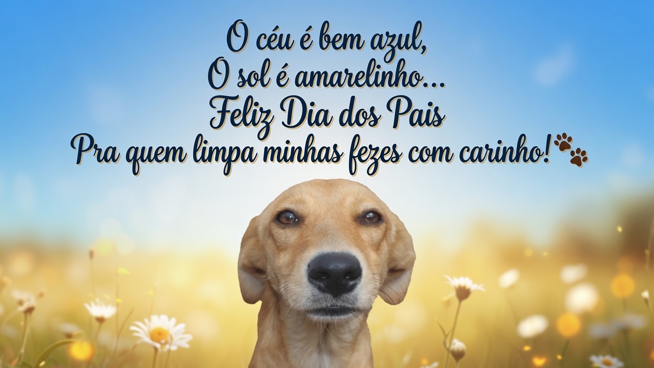 Cachorro caramelo em campo de flores com poema de Dia dos Pais