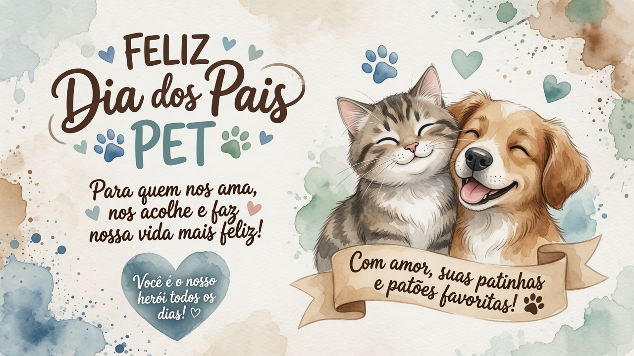 Cartão em aquarela Feliz Dia dos Pais Pet com gatinho e cachorro sorrindo