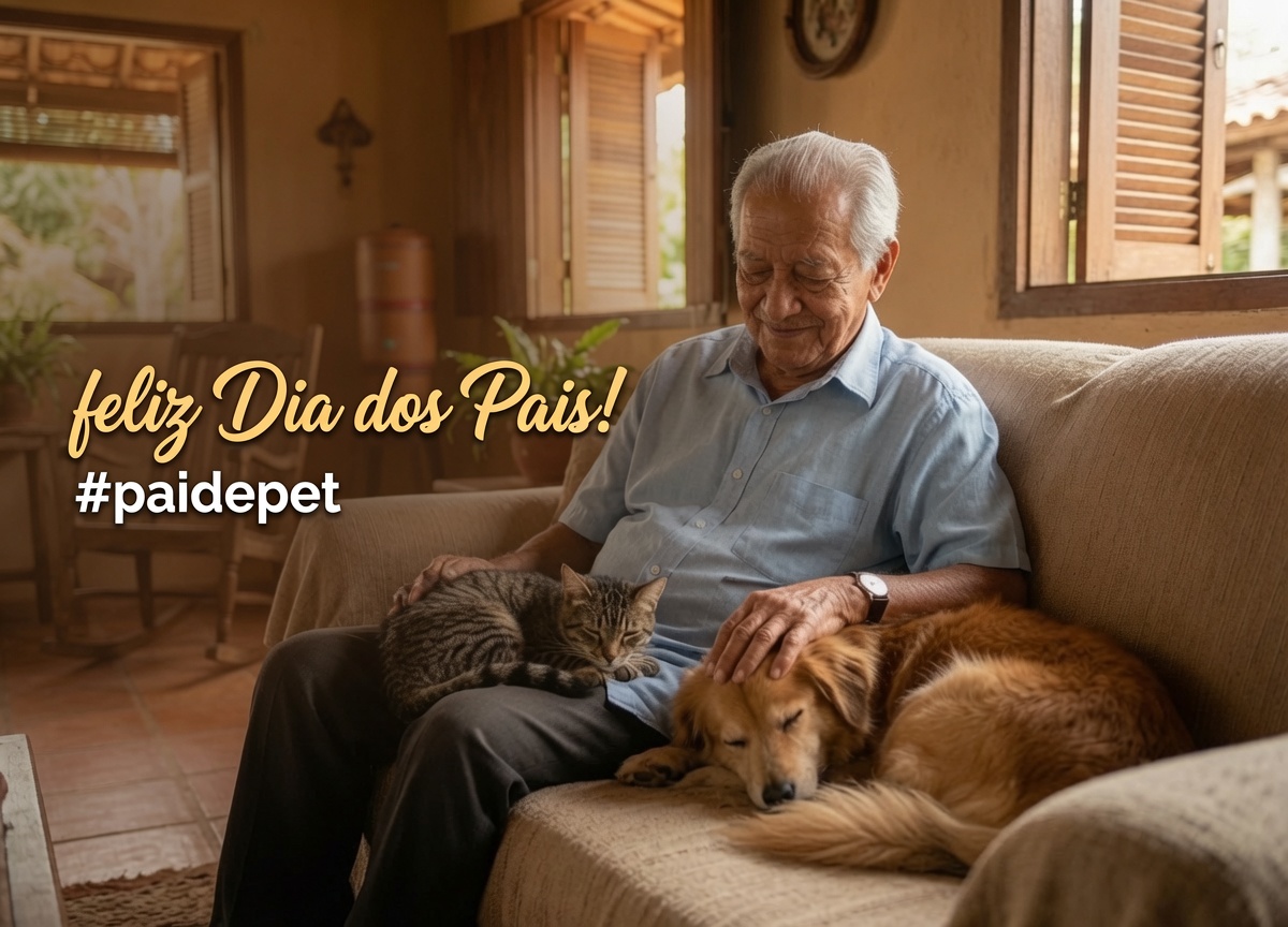 Senhor no sofá acariciando um gato e um cachorro com a hashtag paidepet