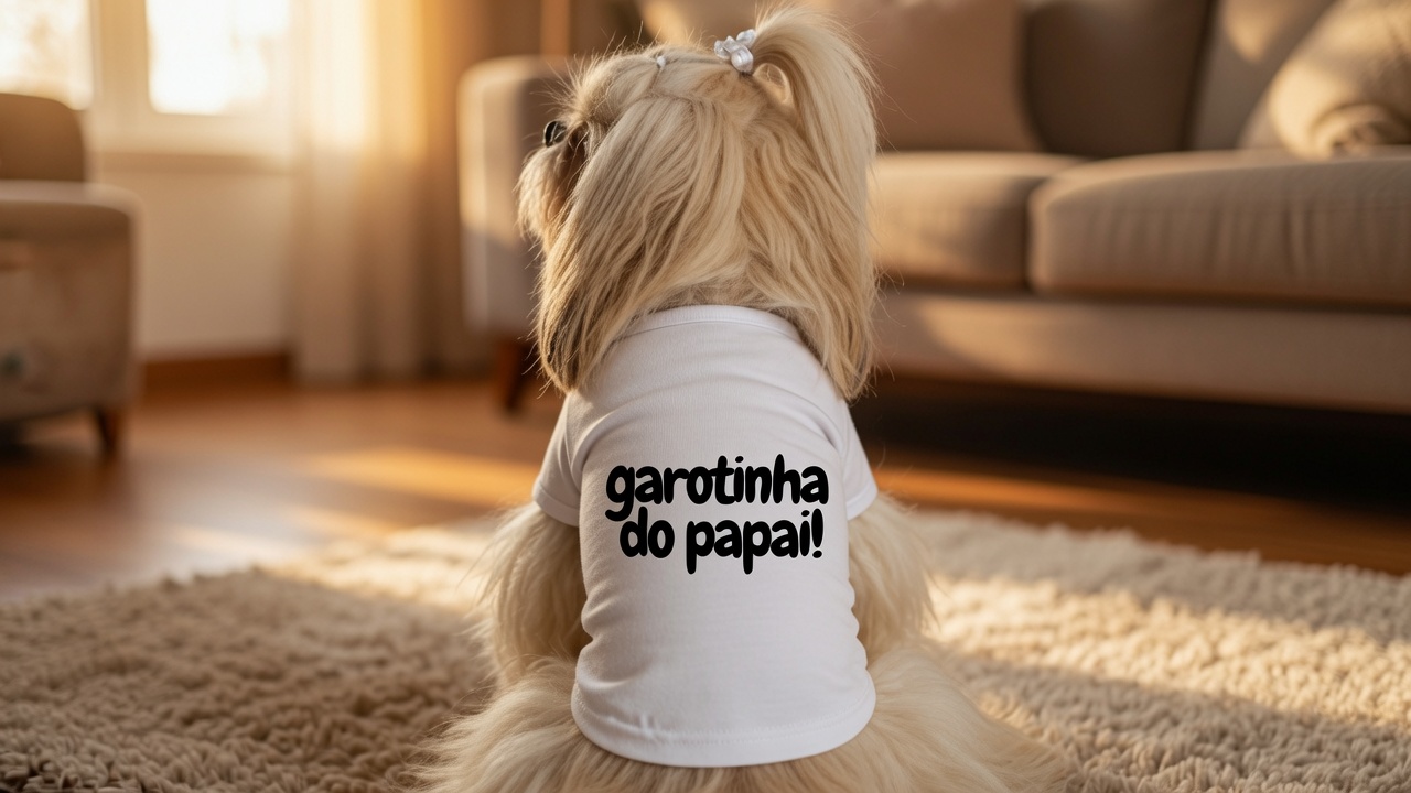 Cachorrinha shih tzu de camiseta escrita garotinha do papai na sala