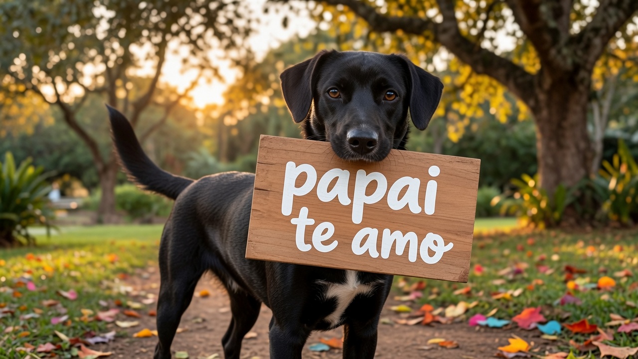 Cachorro preto segurando placa de madeira escrita Papai te amo