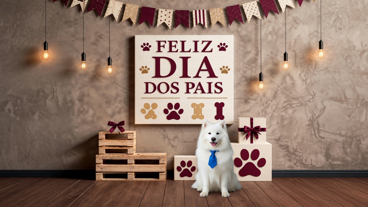 Cachorro branco de gravata azul em cenário com placa Feliz Dia dos Pais