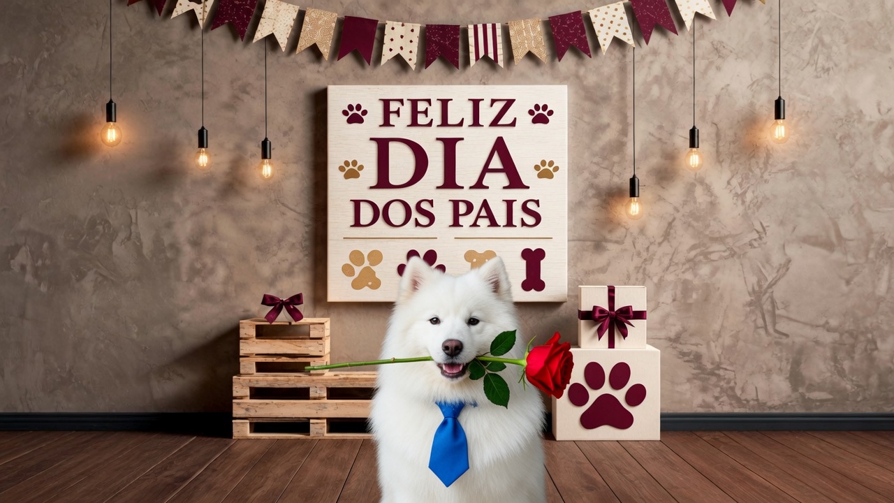Cachorro branco segurando uma rosa vermelha em cenário de Dia dos Pais
