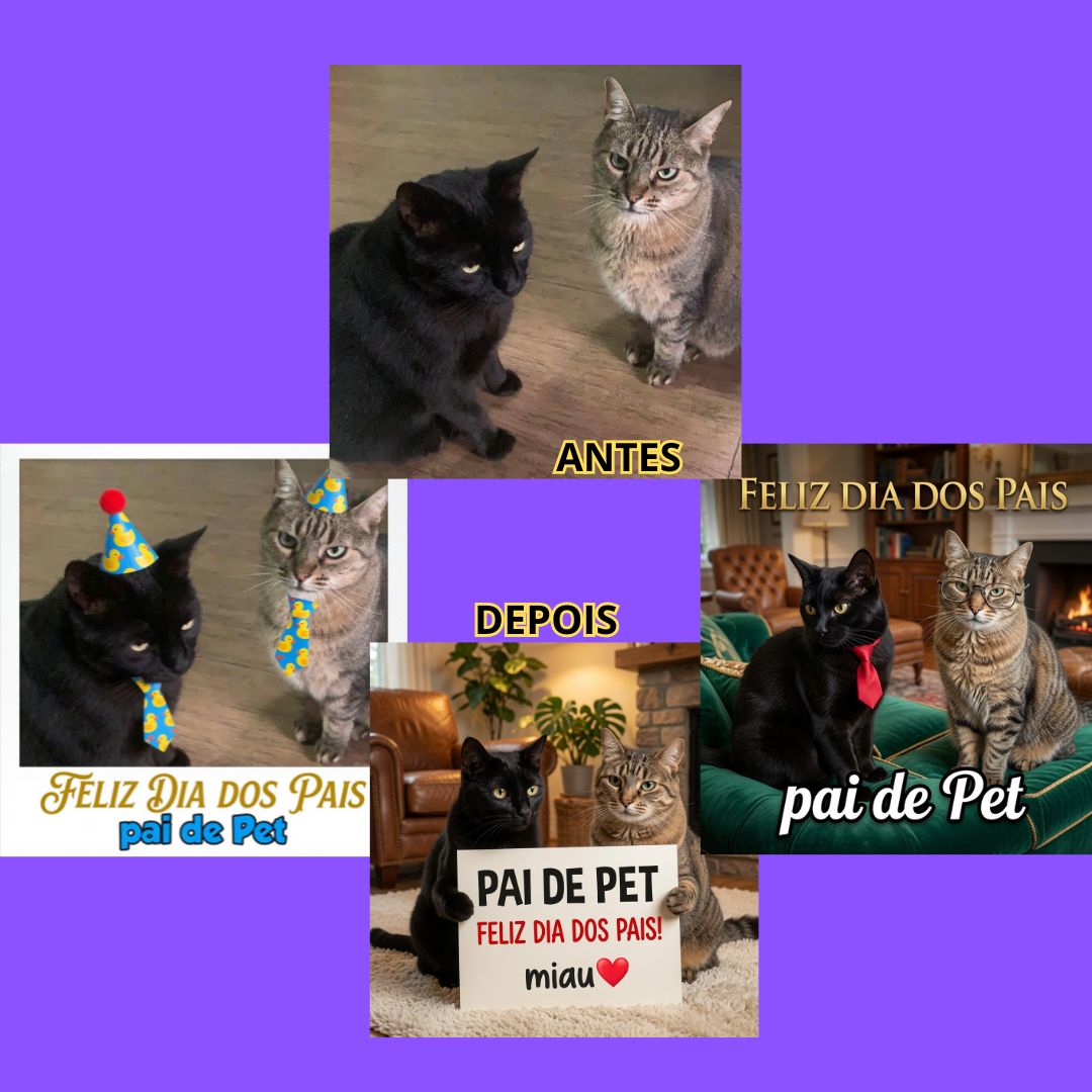 Montagem antes e depois das artes de Dia dos Pais com dois gatos