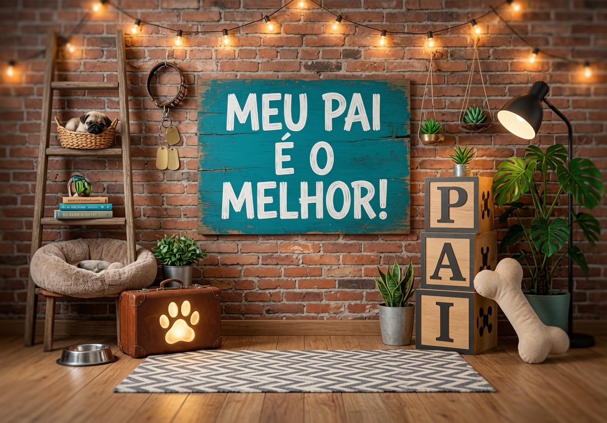 Cenário com placa Meu pai é o melhor e itens de pet em parede de tijolos