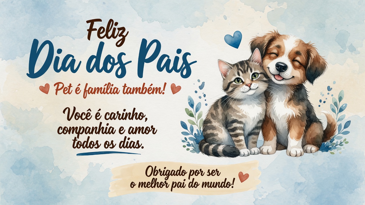 Cartão em aquarela com gato e cachorro abraçados e mensagem Pet é família também