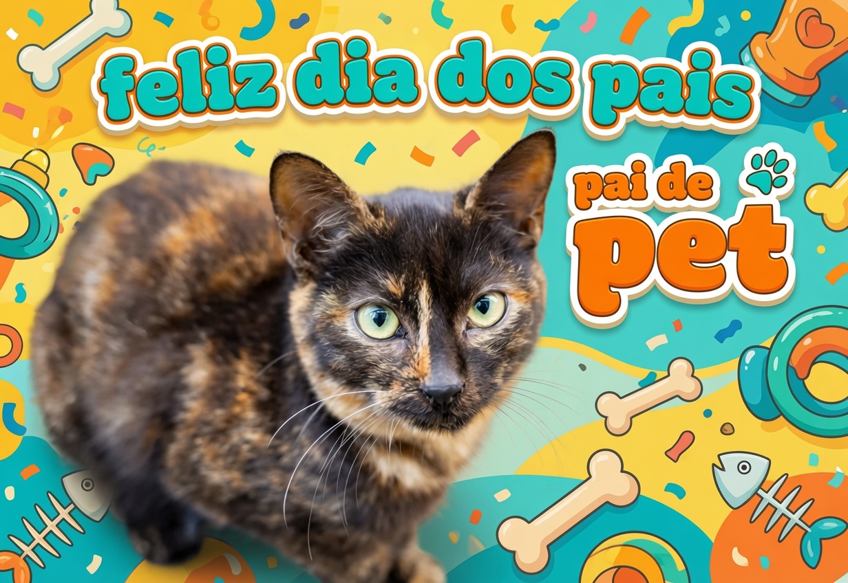Cartão colorido com gata tricolor e frase Feliz Dia dos Pais, Pai de Pet