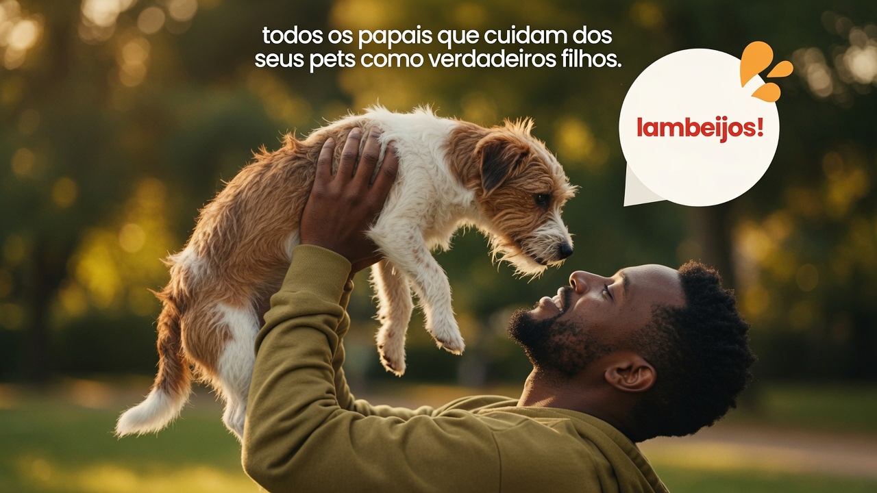 Pai erguendo seu cachorro no parque com balão de fala lambeijos