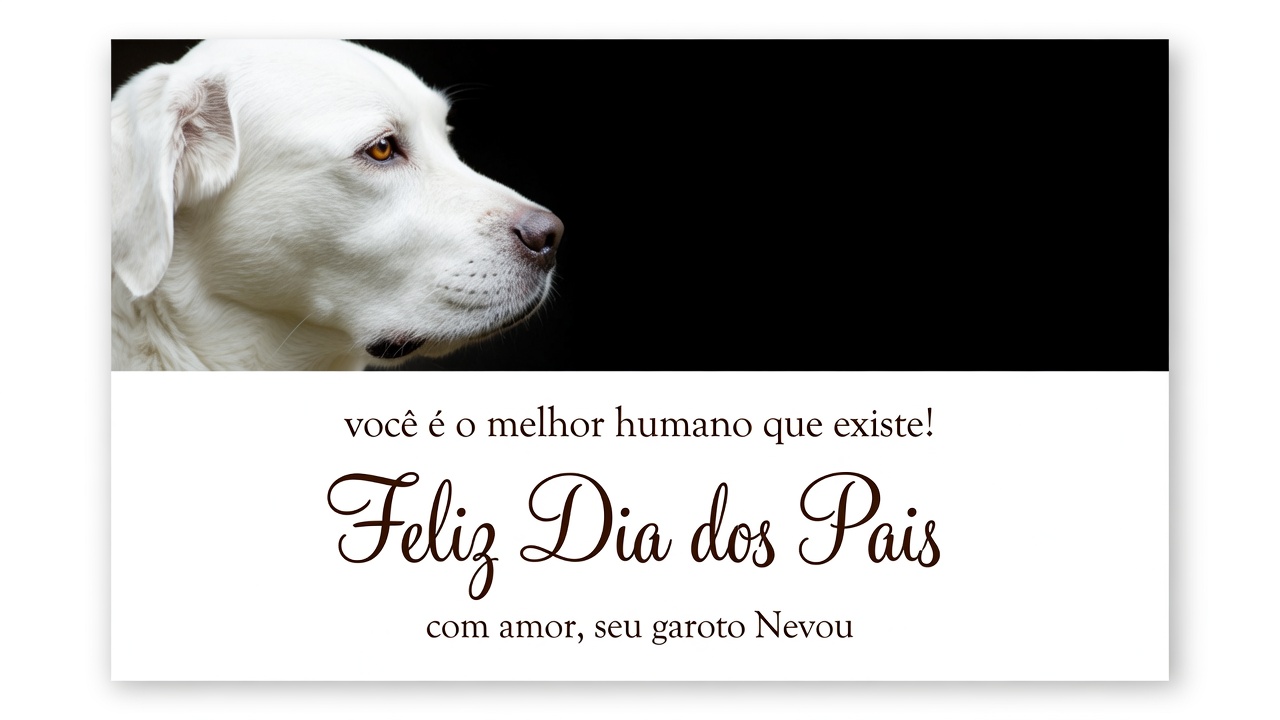 Cartão elegante com cachorro branco e frase Feliz Dia dos Pais
