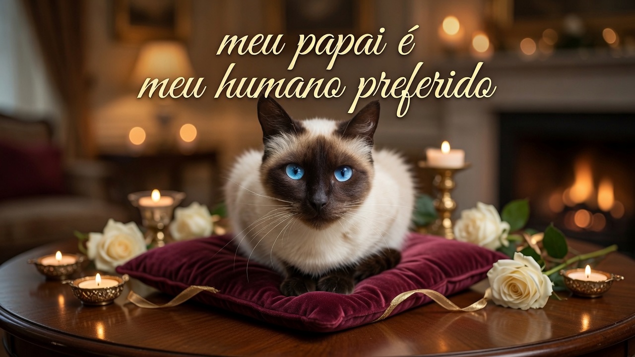 Gato siamês em almofada com frase Meu papai é meu humano preferido