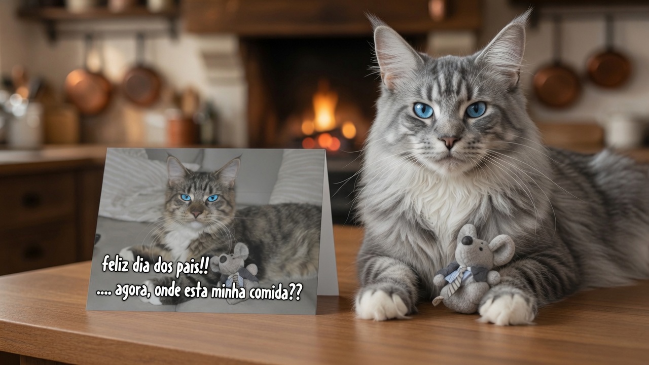 Gato cinza ao lado de cartão divertido de Dia dos Pais na cozinha