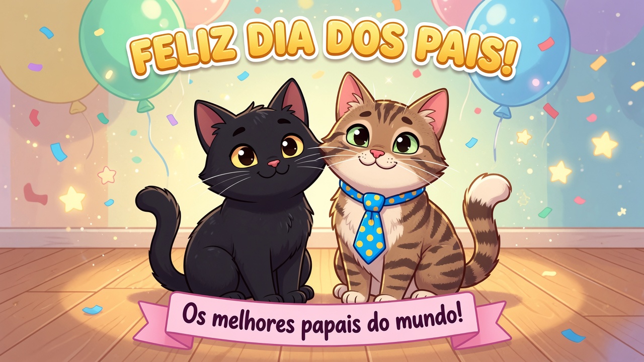 Cartão ilustrado com dois gatos e balões escrito Feliz Dia dos Pais