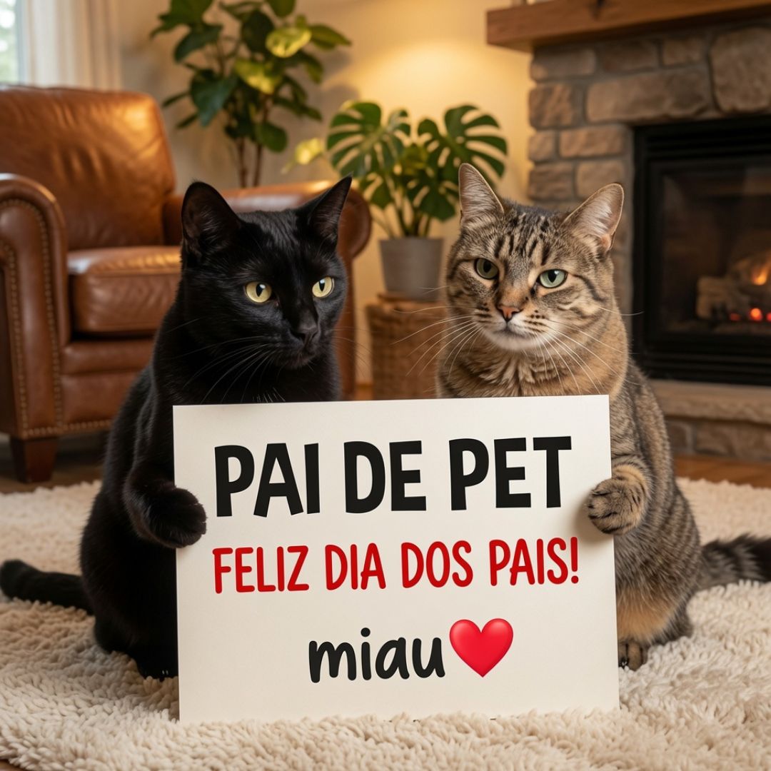 Dois gatos segurando placa Pai de Pet Feliz Dia dos Pais