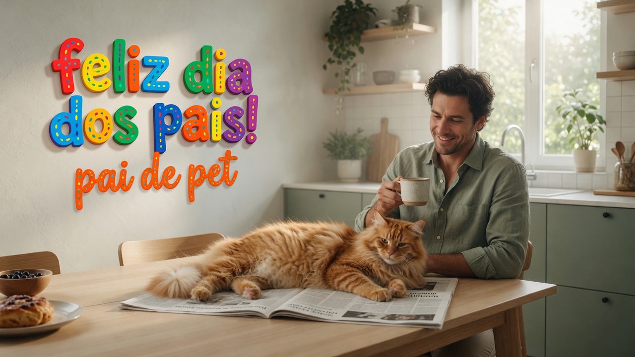 Pai tomando café na cozinha com gato laranja deitado na mesa