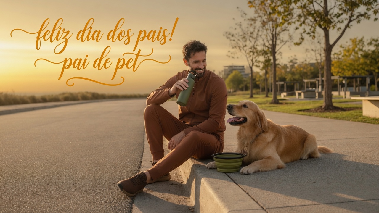 Pai sentado com seu Golden Retriever ao pôr do sol com mensagem Feliz Dia dos Pais